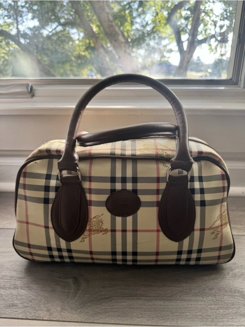 Burberry Brown Leather and Beige Check Toiletry Bag